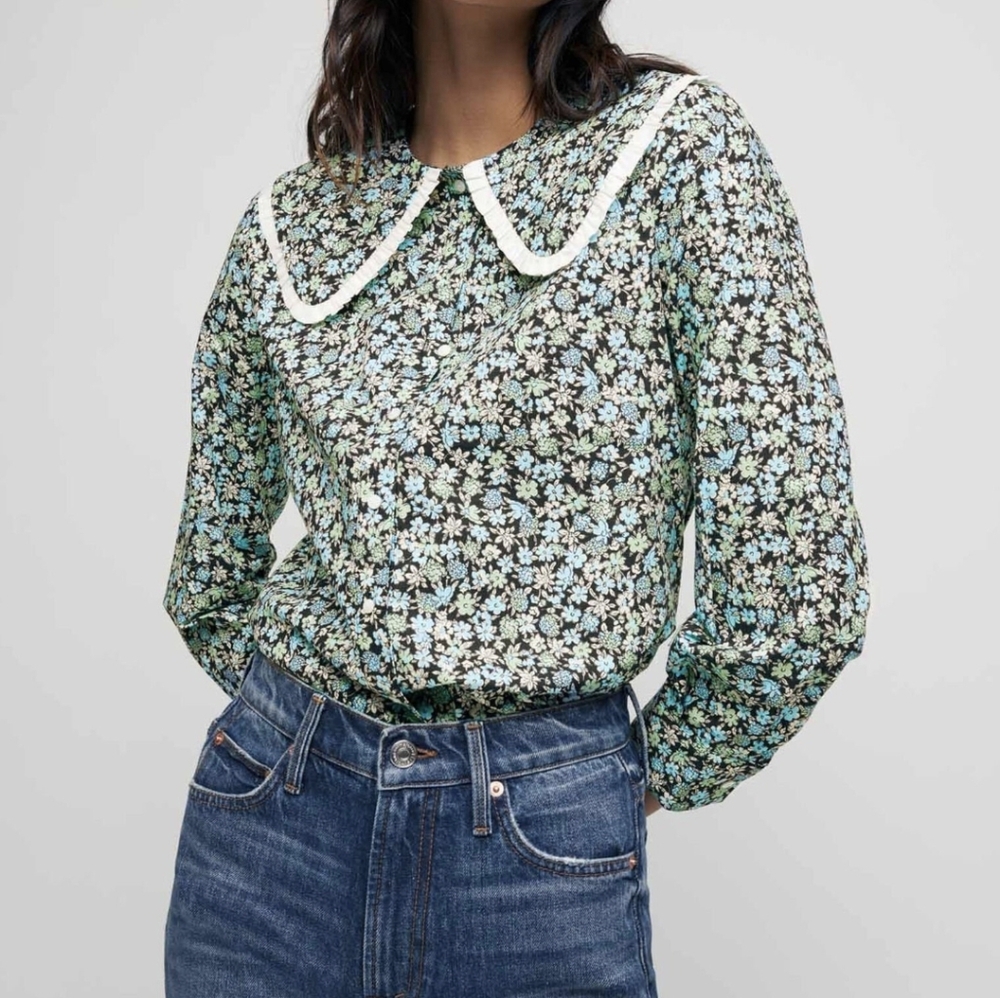 Maje Black and Light Blue Floral Peter Pan Collar Blouse